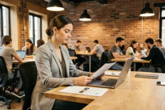 Femme en blazer gris travaillant dans un espace de coworking à Bourg-en-Bresse avec documents et ordinateur portable