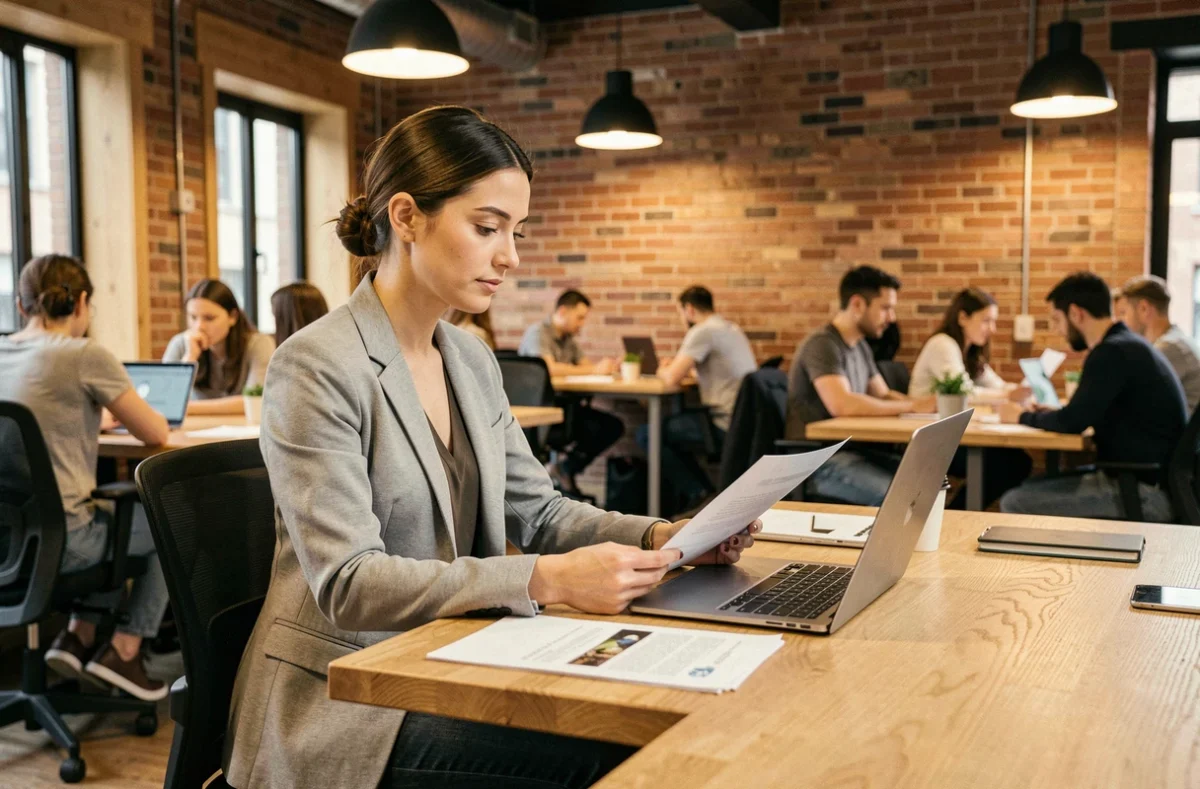 Femme en blazer gris travaillant dans un espace de coworking à Bourg-en-Bresse avec documents et ordinateur portable