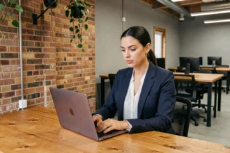 Femme travaillant dans un espace de coworking moderne à Caen avec décor industriel et postes de travail partagés