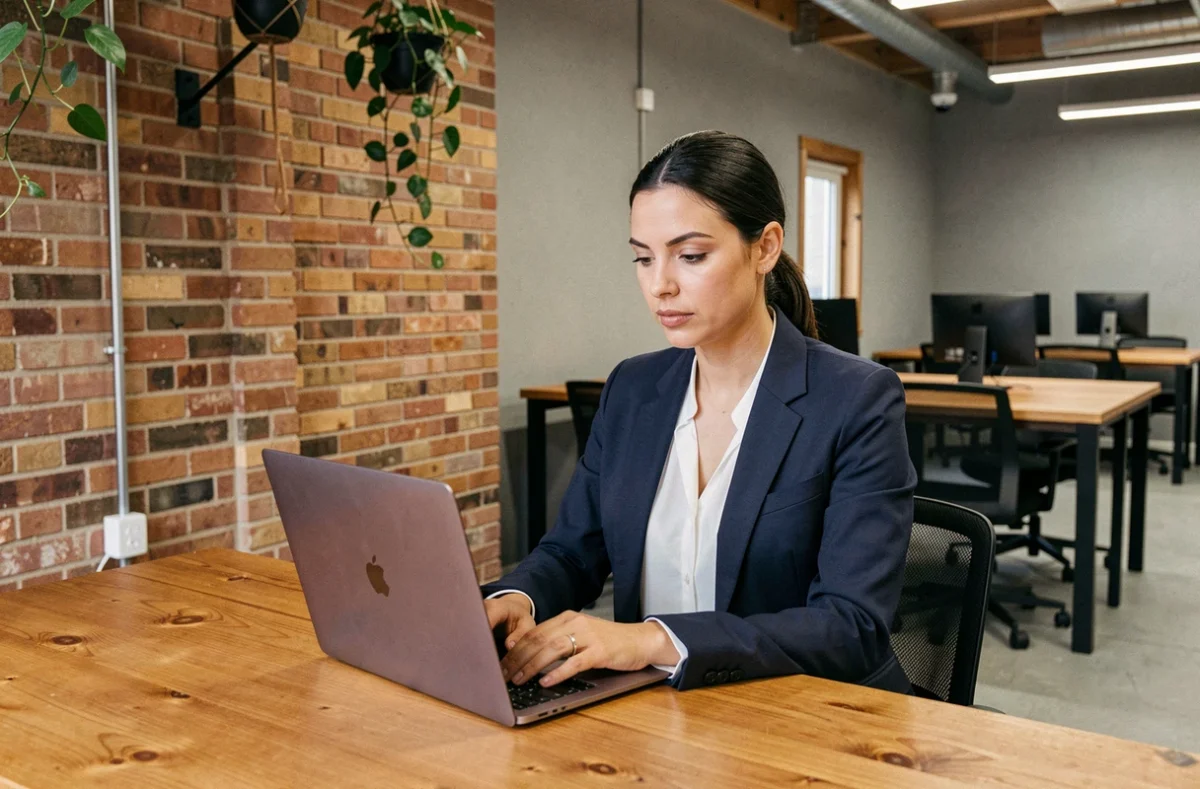 Femme travaillant dans un espace de coworking moderne à Caen avec décor industriel et postes de travail partagés