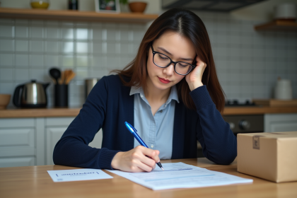 Femme remplissant une declaration douaniere a la maison