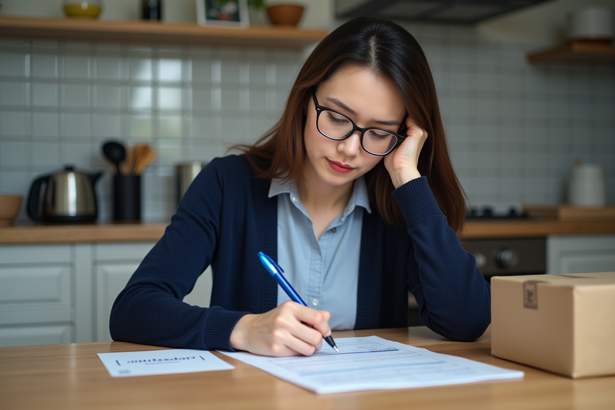 Femme remplissant une declaration douaniere a la maison