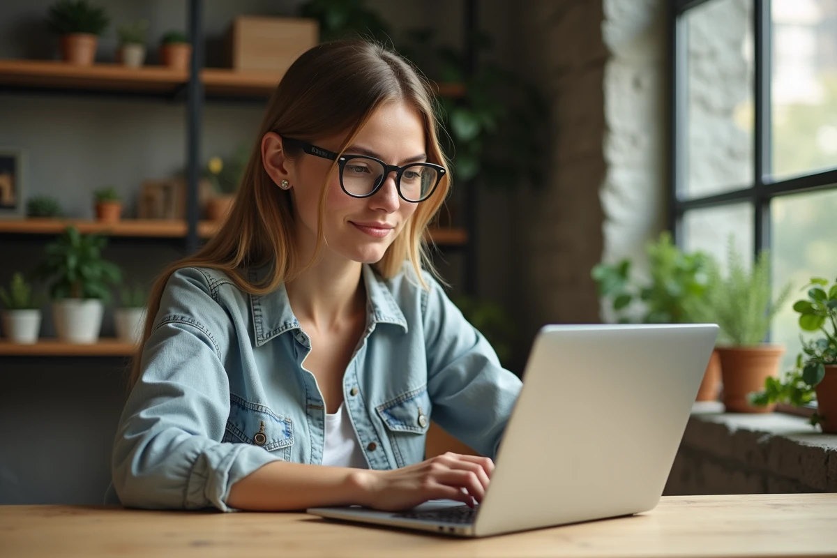 Jeune femme écologique travaillant sur ordinateur dans un bureau responsable