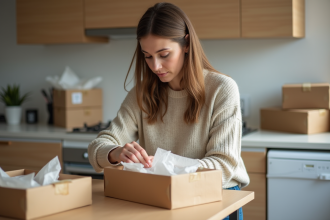 Femme emballant des petits colis dans une cuisine lumineuse