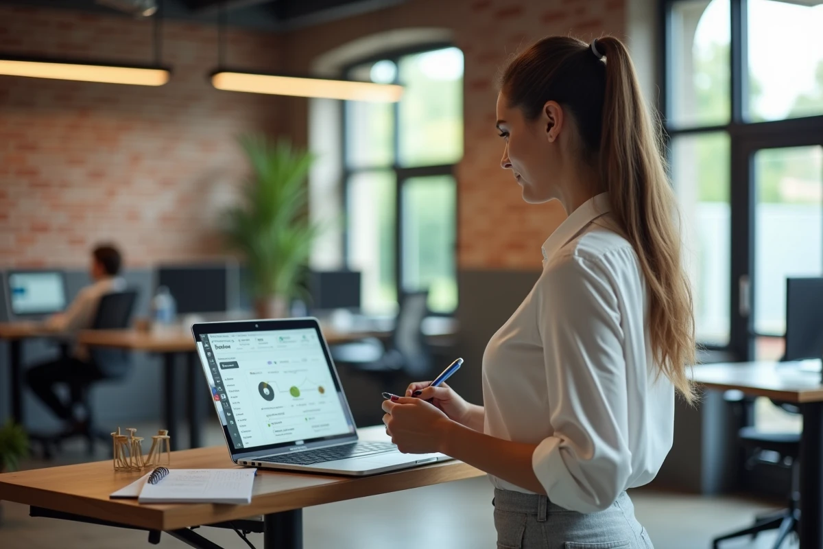 Femme entrepreneur dans un espace de coworking gérant des outils d'automatisation pour son business en ligne