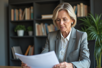 Femme d'affaires lisant un document d'éthique au bureau