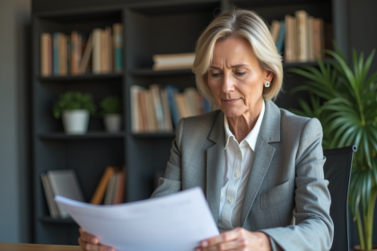 Femme d'affaires lisant un document d'éthique au bureau
