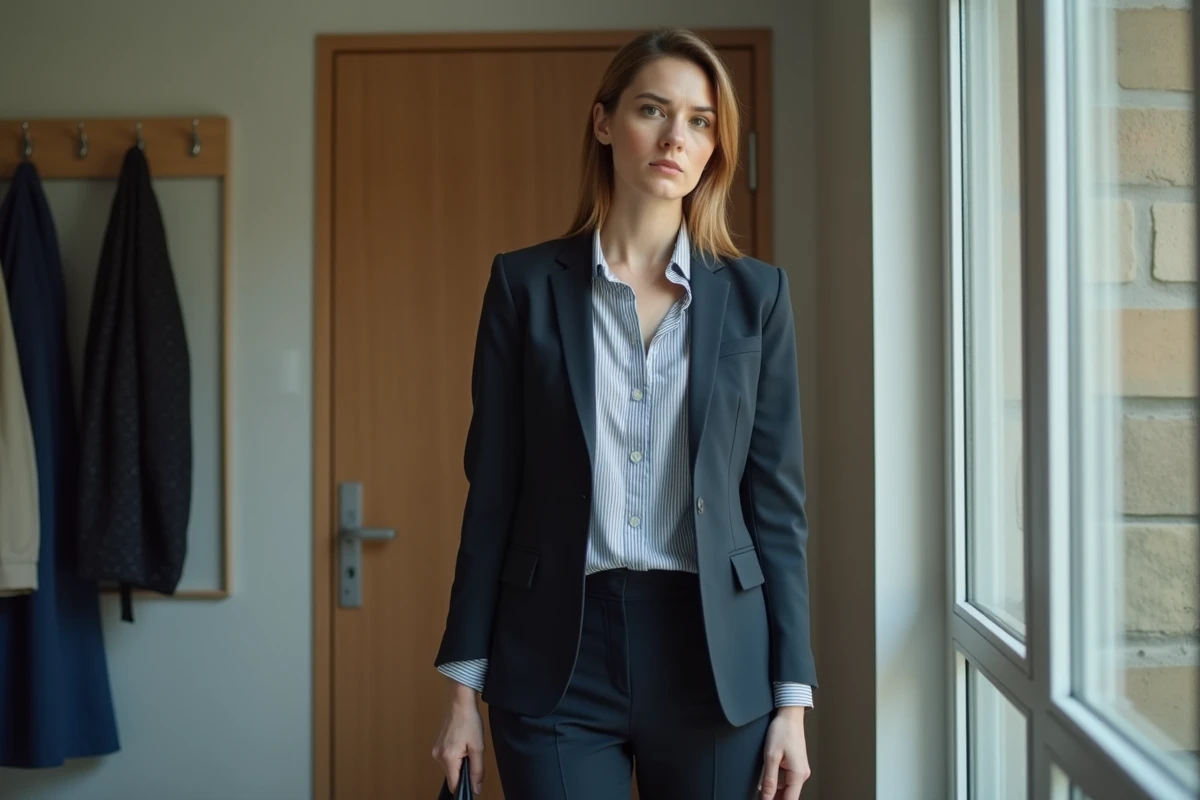 Femme en tenue professionnelle hésitant devant sa porte à se rendre au travail, illustrant le dilemme d'une absence sans justificatif