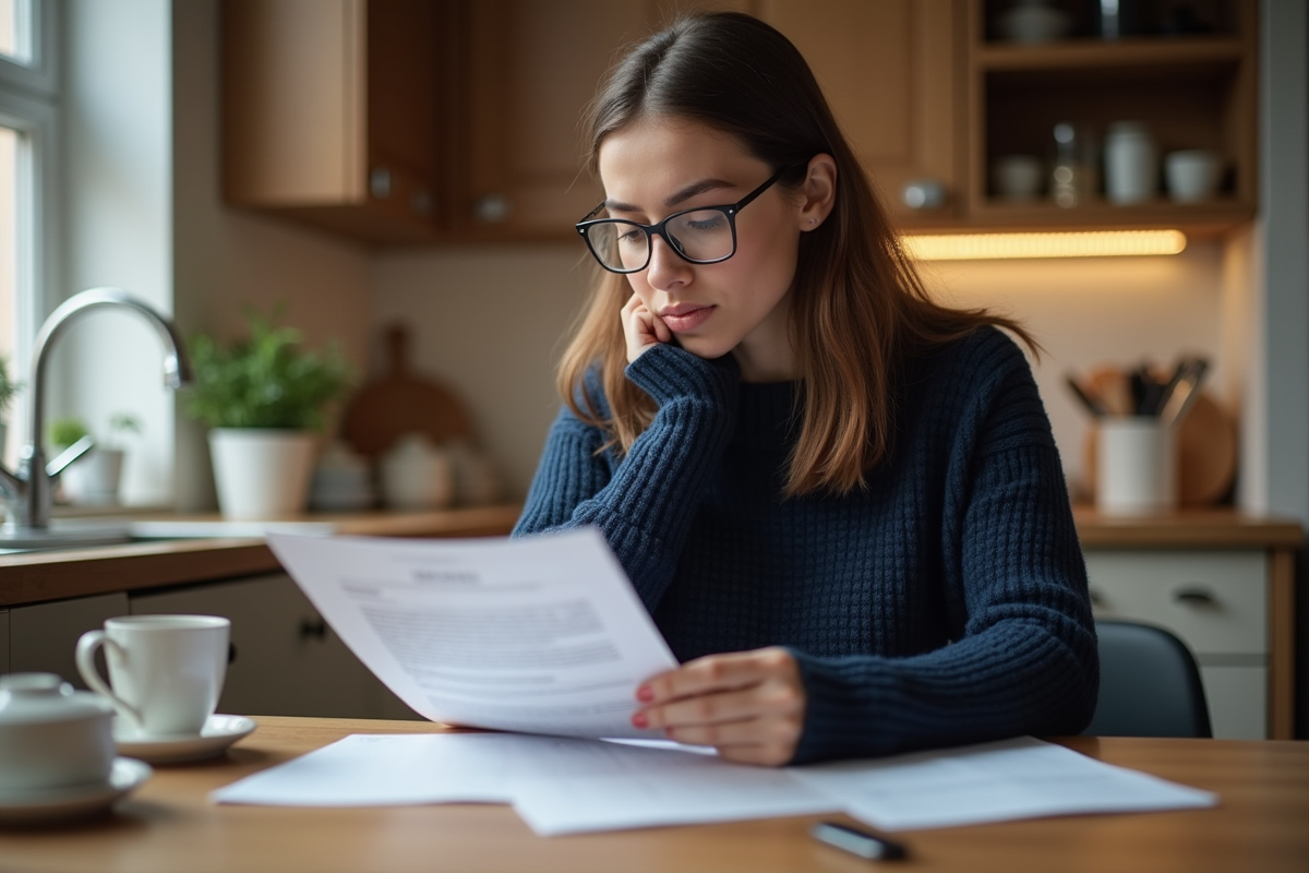 Femme concentrée lisant un document dans la cuisine