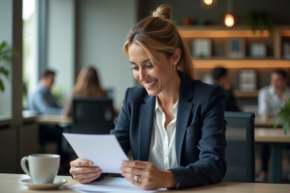 Femme émue lisant un message de départ touchant rédigé par ses collègues au bureau