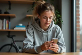 Femme préoccupée utilisant son smartphone dans un appartement moderne