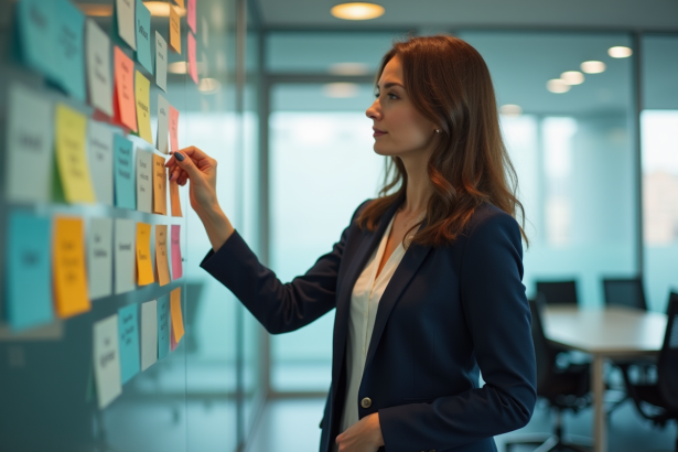 Femme en réunion organisant des notes colorées dans un bureau
