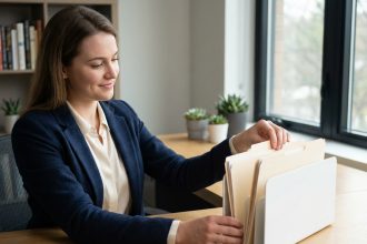 Jeune femme en tenue de bureau organise des documents