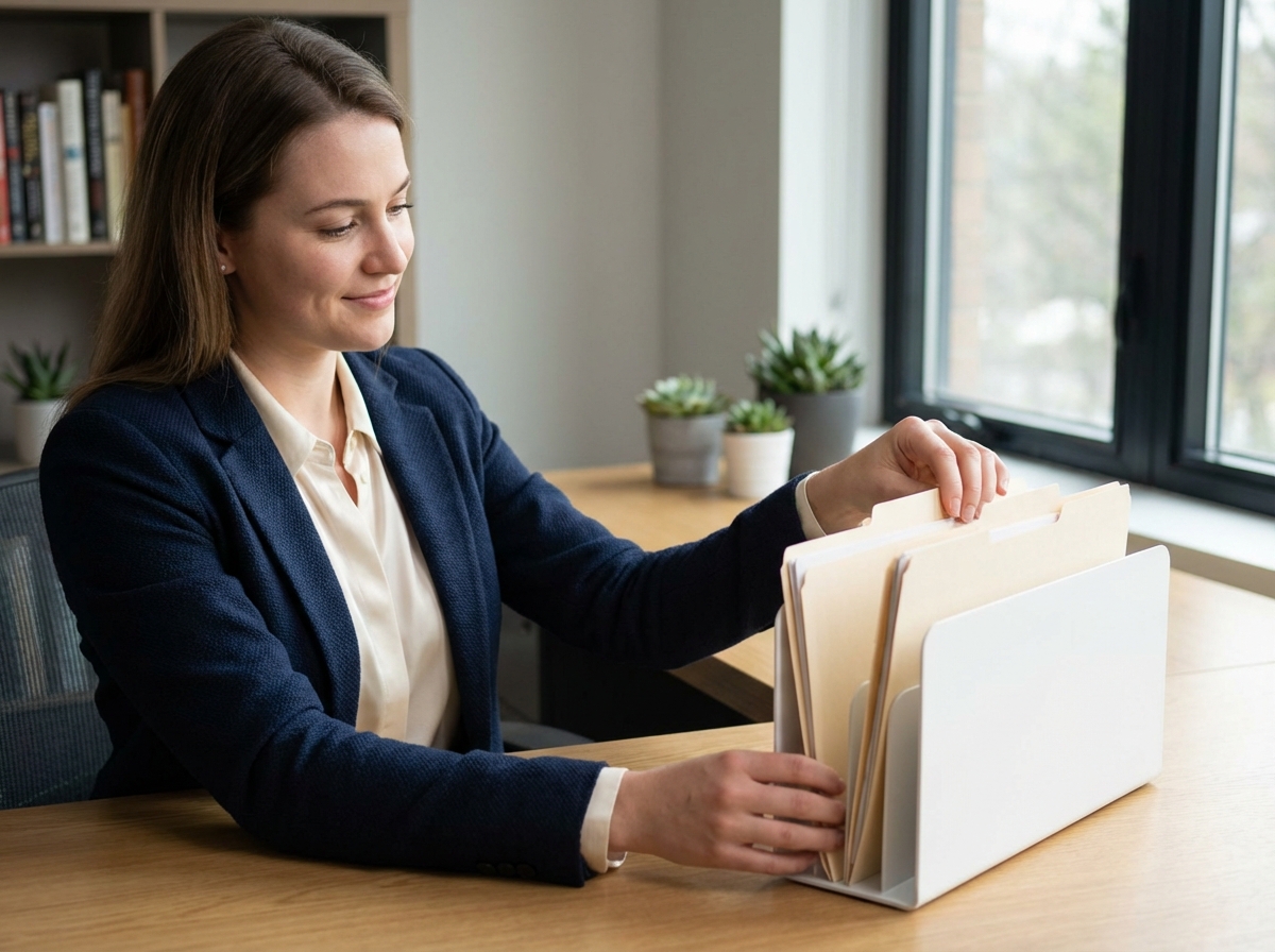 Jeune femme en tenue de bureau organise des documents