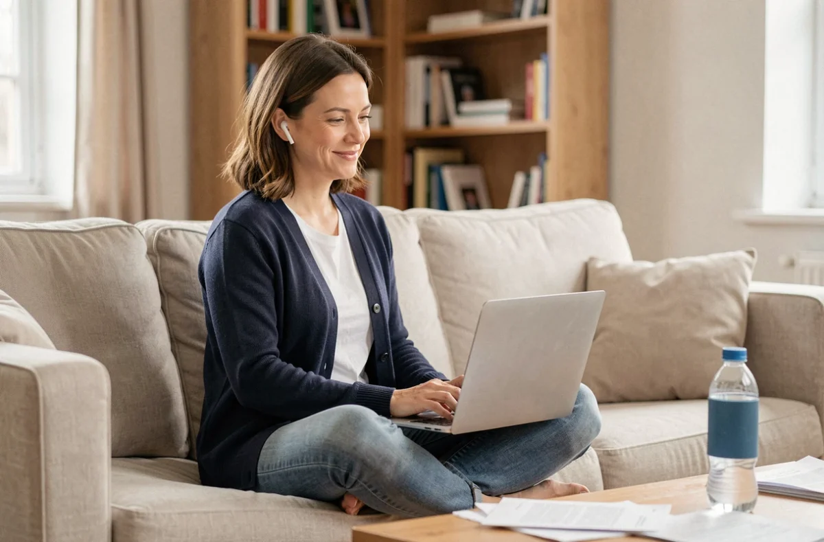 Femme parent solo en visioconférence depuis son salon travaillant en télétravail flexible depuis chez elle
