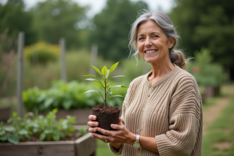 Femme tenant un jeune plant dans un jardin communautaire