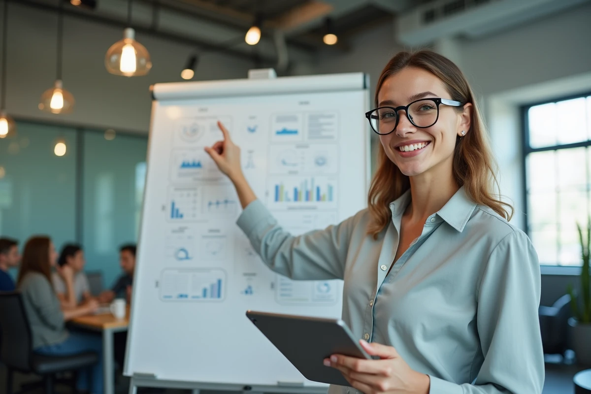 Femme en présentation avec tableau de diagrammes et IA