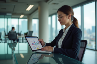 Jeune femme professionnelle analysant des données sur une tablette