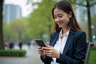 Jeune femme professionnelle en ville utilisant son smartphone