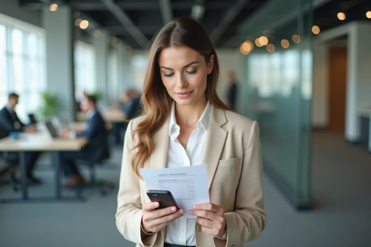 Femme professionnelle vérifiant une réclamation UPS avec reçu d'expédition dans un bureau moderne