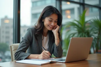 Femme d affaires regardant un plan de redesign sur son ordinateur