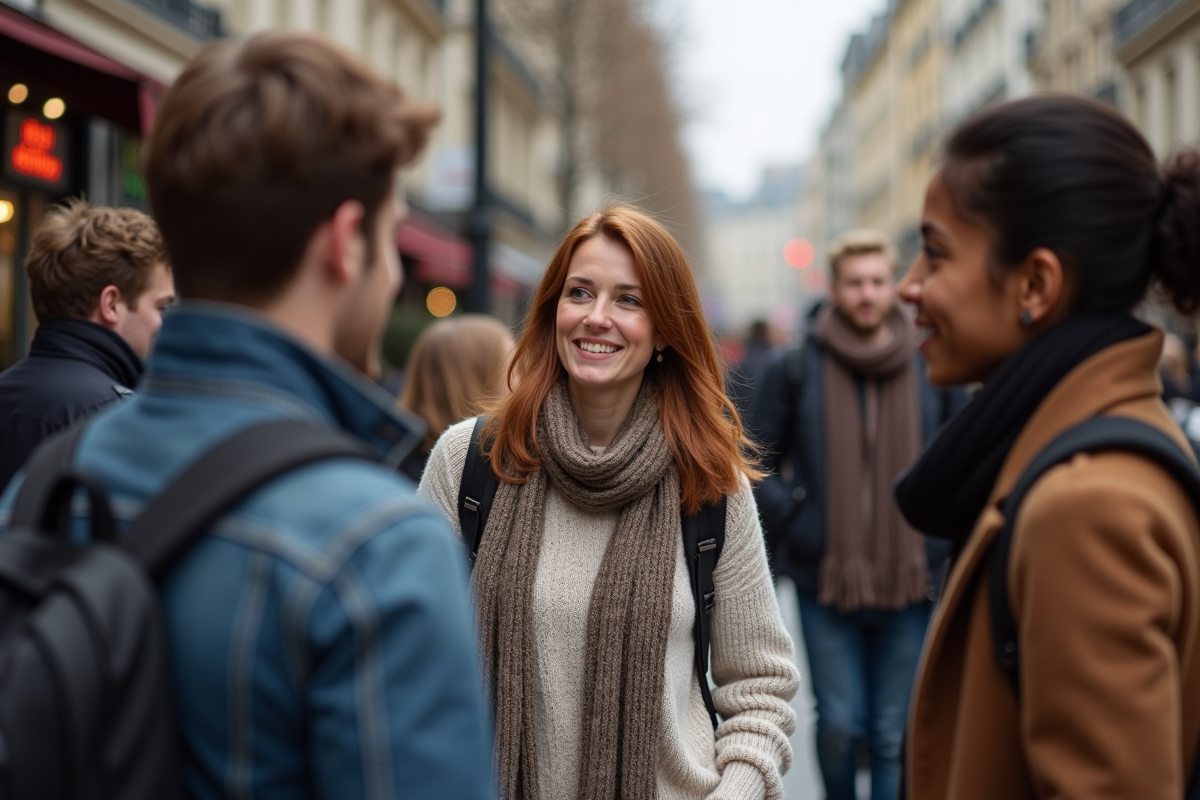 Femme discutant avec des jeunes sur une rue parisienne