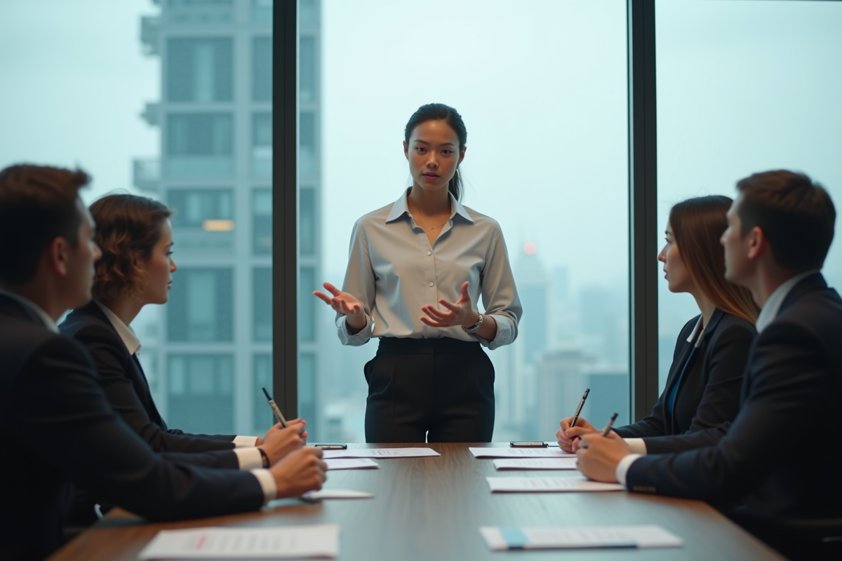 Jeune femme responsable de sécurité parlant à une équipe en réunion