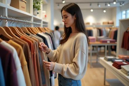 Femme faisant du shopping dans un magasin de vêtements, cherchant des alternatives à H&M après fermetures de points de vente