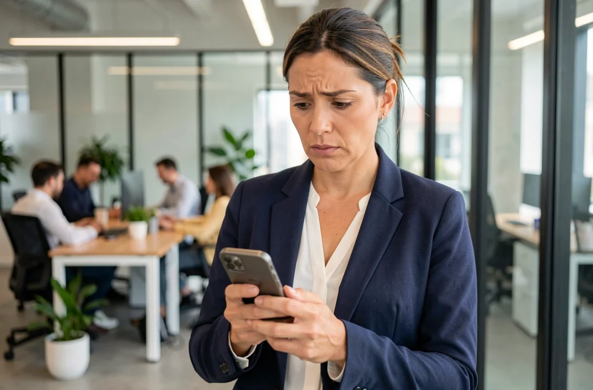 Femme en entreprise consultant son smartphone pour récupérer ses identifiants perdus sur un service administratif en ligne