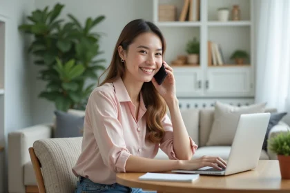 Femme souriante au téléphone dans un salon lumineux