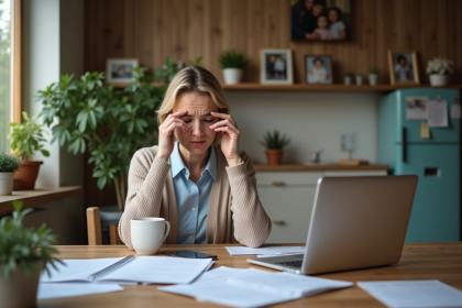 Femme stressée au bureau dans une cuisine chaleureuse