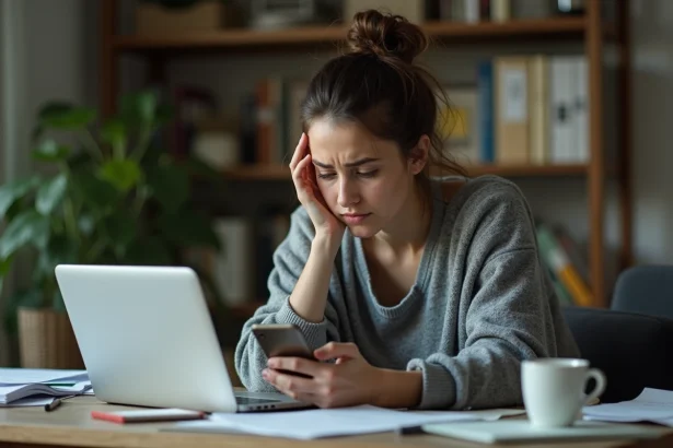 Femme stressée à son bureau à domicile hésitant à appeler son employeur pour trouver une excuse pour ne pas aller travailler