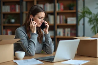 Femme frustrée au téléphone avec le service client UPS entourée de colis perdus à son bureau