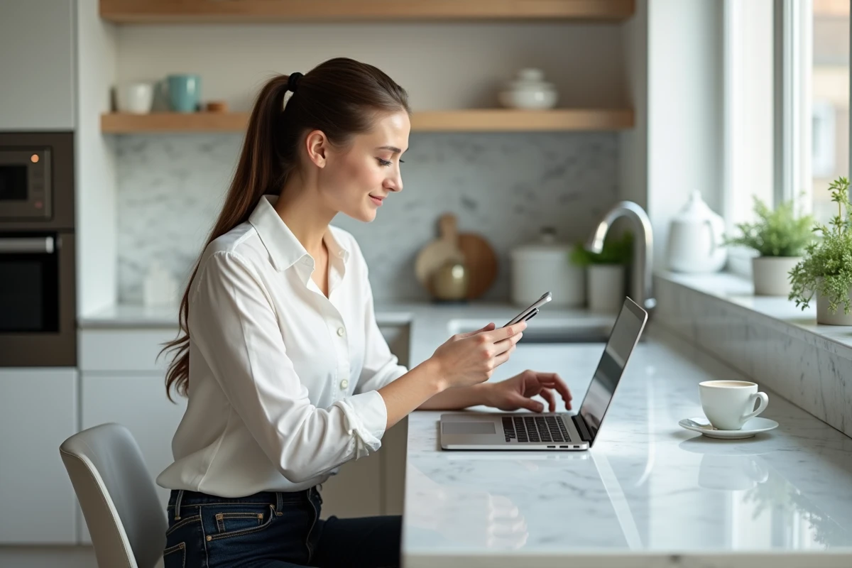 Femme utilisant un ordinateur dans une cuisine lumineuse