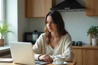 Jeune femme au travail à la maison dans une cuisine moderne