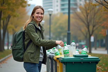 Femme en vert triant des bouteilles en recyclage urbain