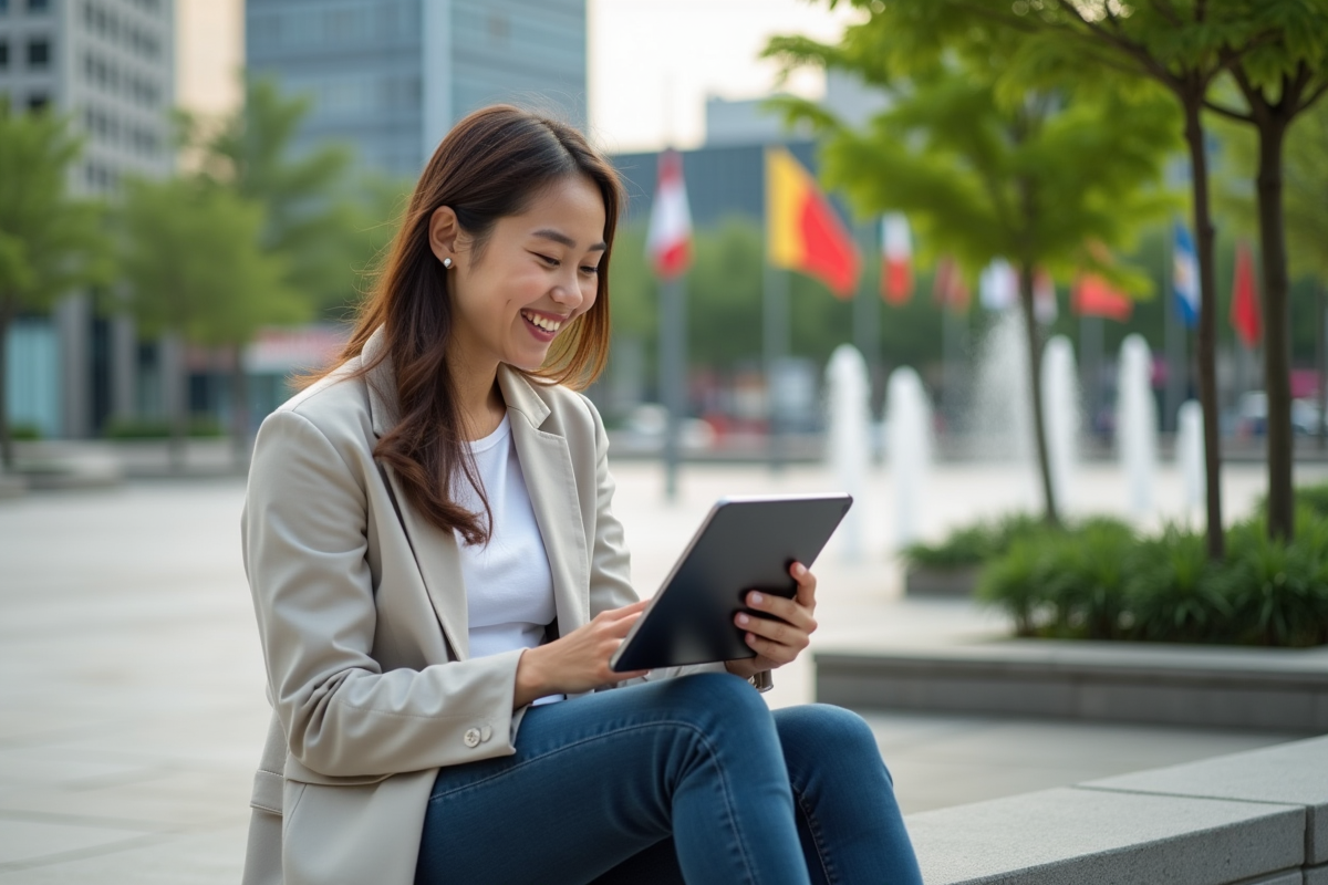 Jeune femme souriante avec tablette dans un espace urbain extérieur
