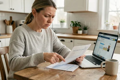 Femme examinant un relevé bancaire papier pour identifier un prélèvement inconnu de l'Imprimerie Nationale