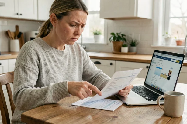 Femme examinant un relevé bancaire papier pour identifier un prélèvement inconnu de l'Imprimerie Nationale