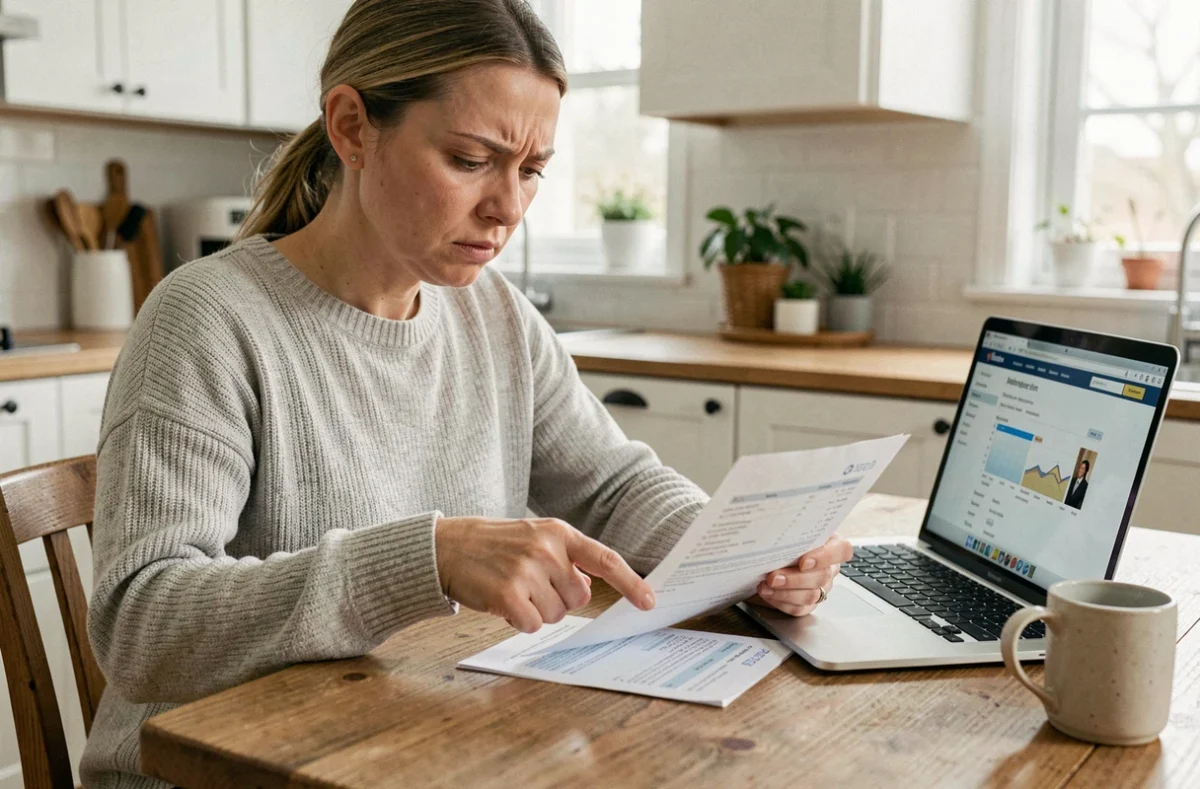 Femme examinant un relevé bancaire papier pour identifier un prélèvement inconnu de l'Imprimerie Nationale