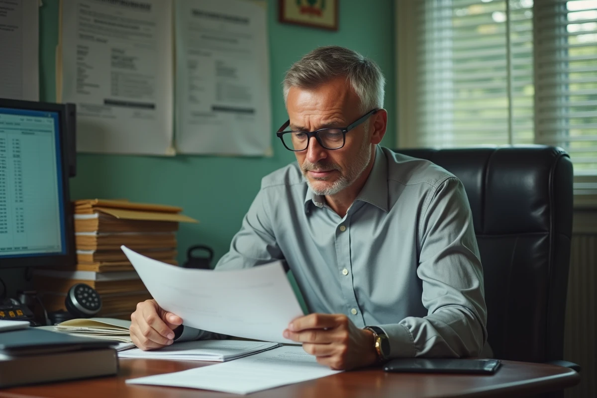 Fonctionnaire masculin examinant sa fiche de paie dans un bureau administratif, symbolisant les enjeux du pouvoir d'achat des agents publics en 2026