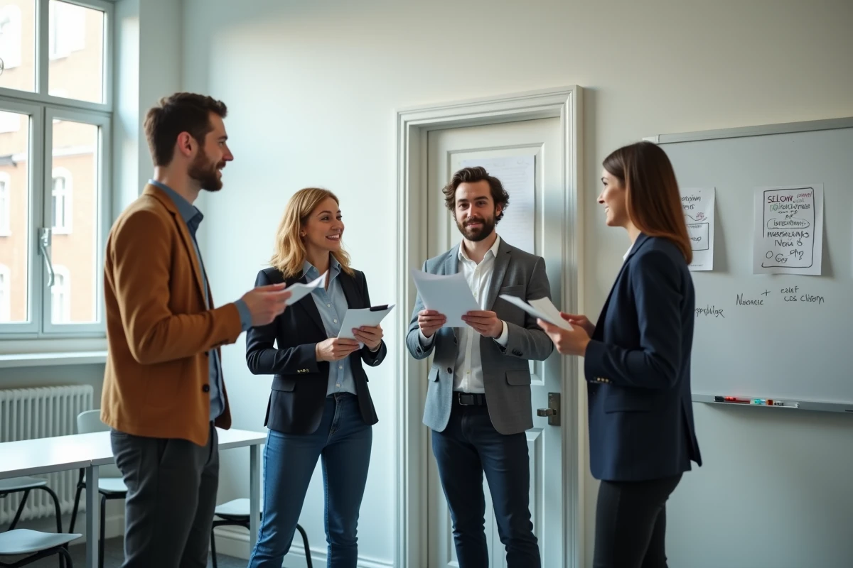 Session de formation vente porte à porte en salle avec mise en situation et jeu de rôle entre stagiaires