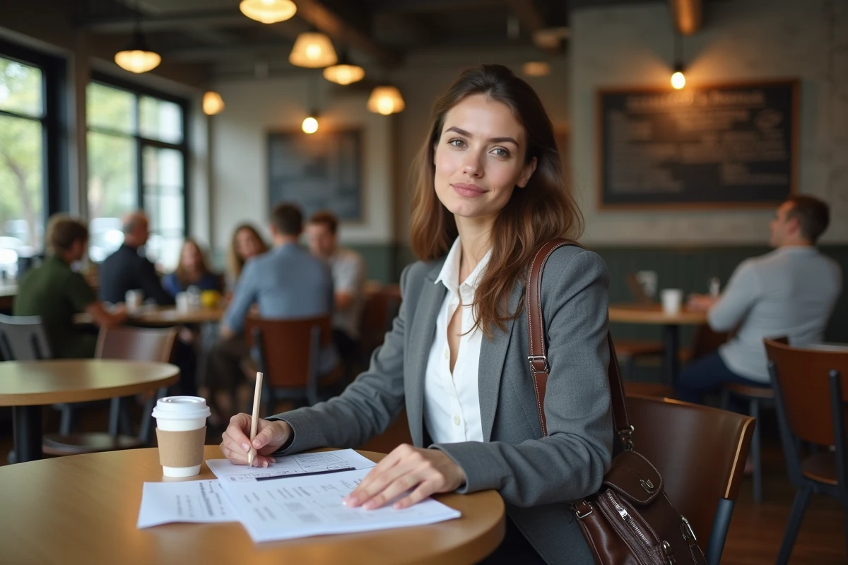 Vendeuse en formation préparant son script de vente dans un café avant une tournée de prospection