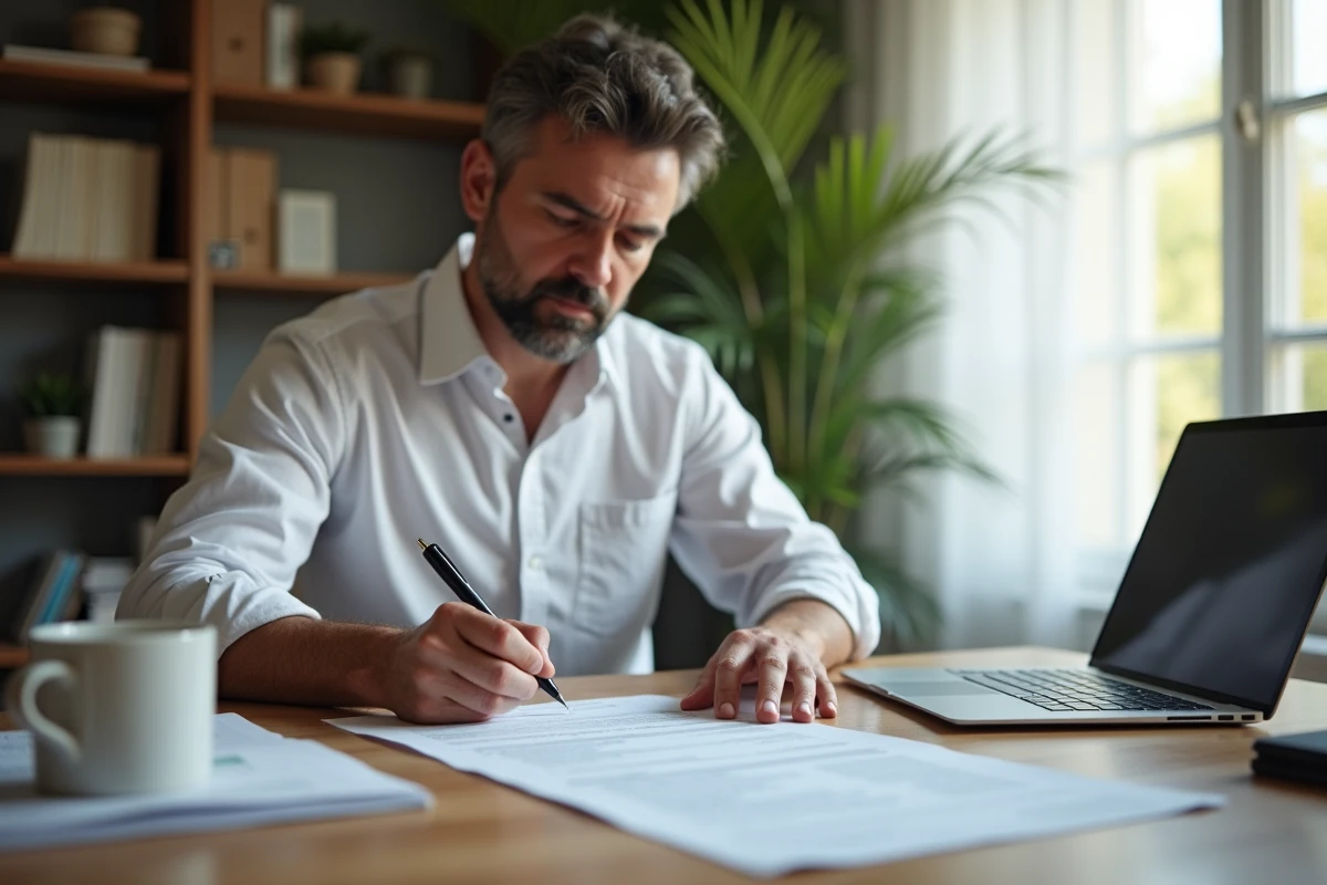Homme remplissant seul un formulaire de rupture conventionnelle à son bureau à domicile