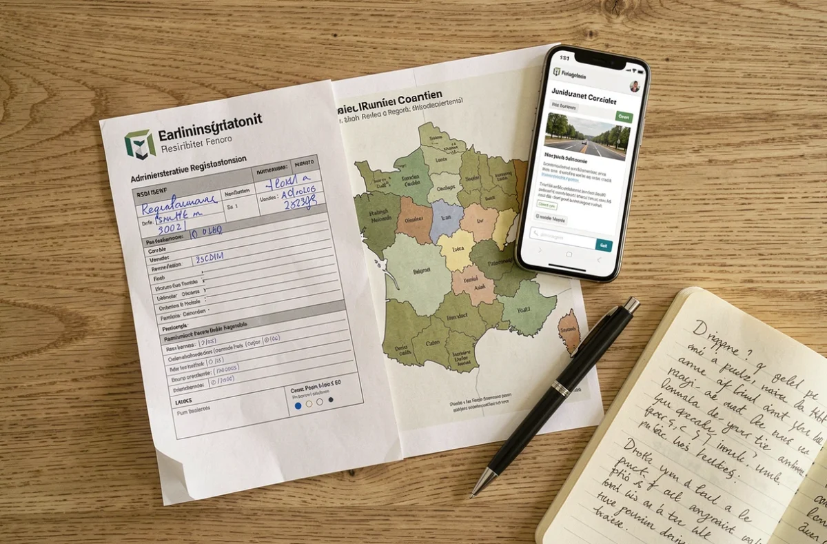 Formulaires administratifs et carte des régions françaises pour la création d'une micro-entreprise selon la localisation géographique