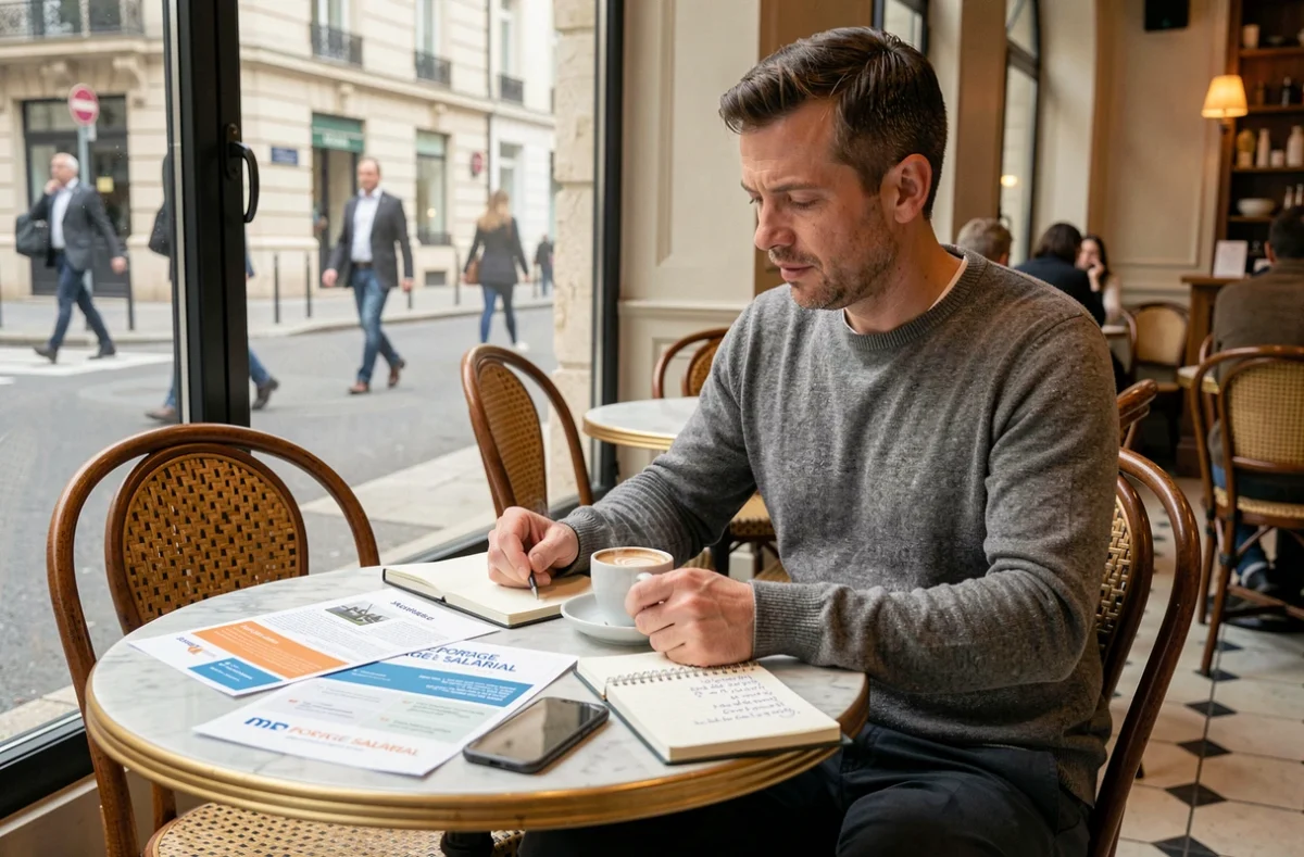 Freelance comparant des brochures de sociétés de portage salarial dans un café parisien