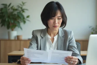 Freelance vérifiant des documents contractuels d'un client sur son bureau à domicile avant de signer