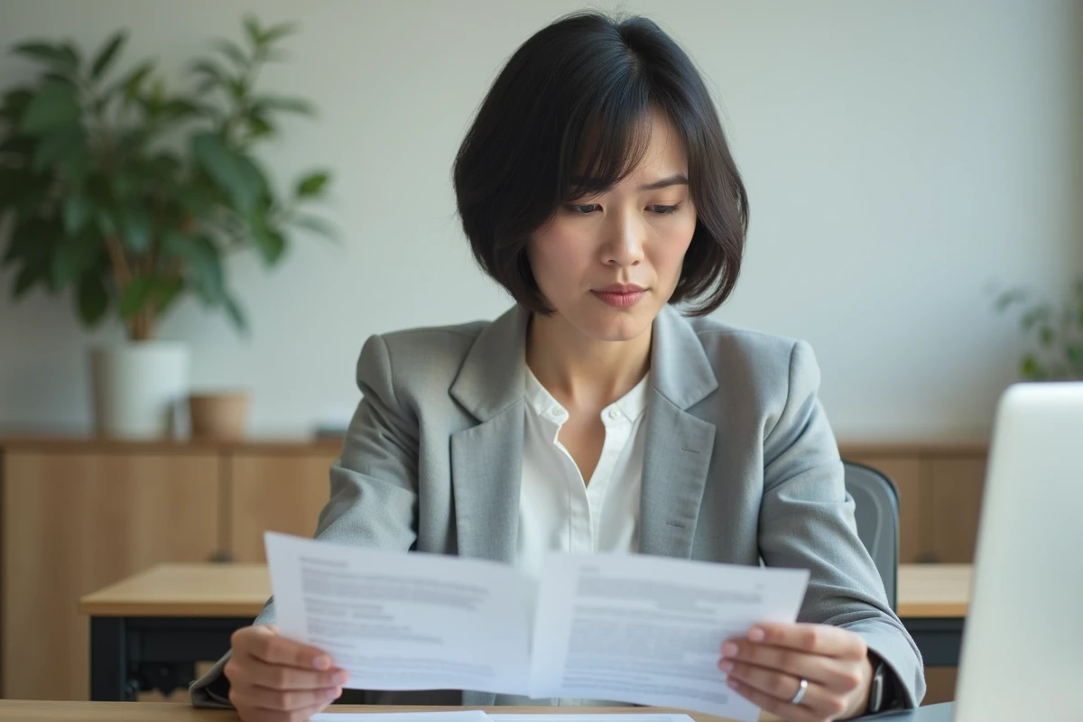Freelance vérifiant des documents contractuels d'un client sur son bureau à domicile avant de signer