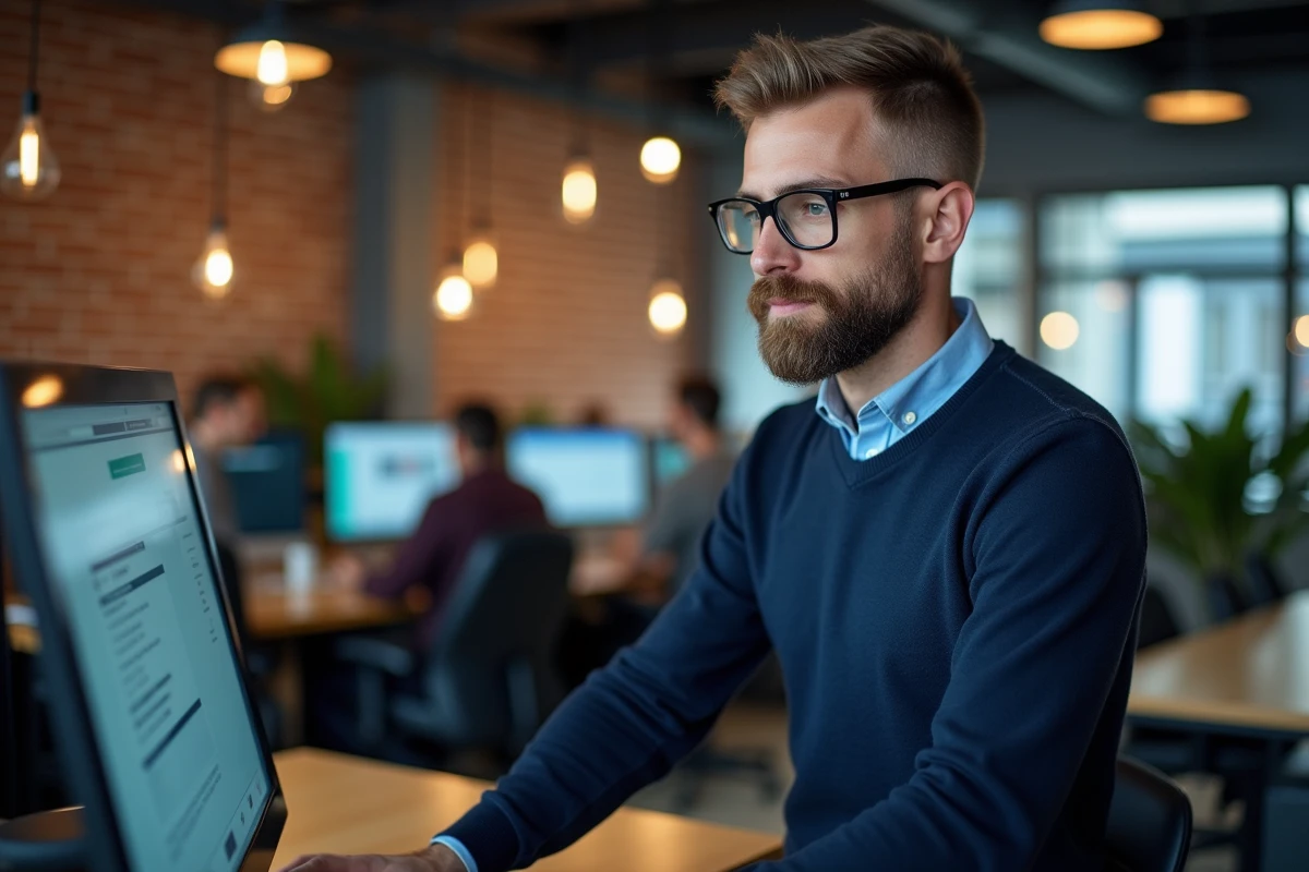 Freelance masculin consultant un registre d'entreprises en ligne dans un espace de coworking pour vérifier un client