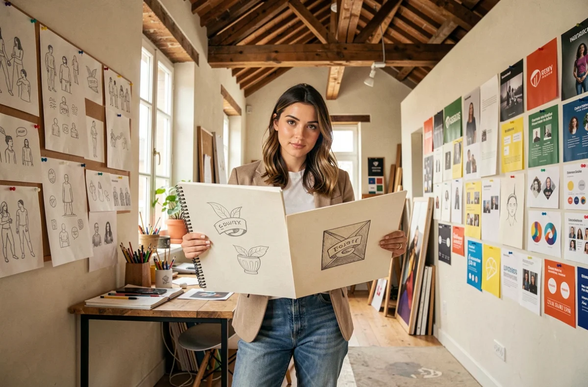 Directrice créative de G comme une idée dans son studio créatif à Tours entourée de planches graphiques
